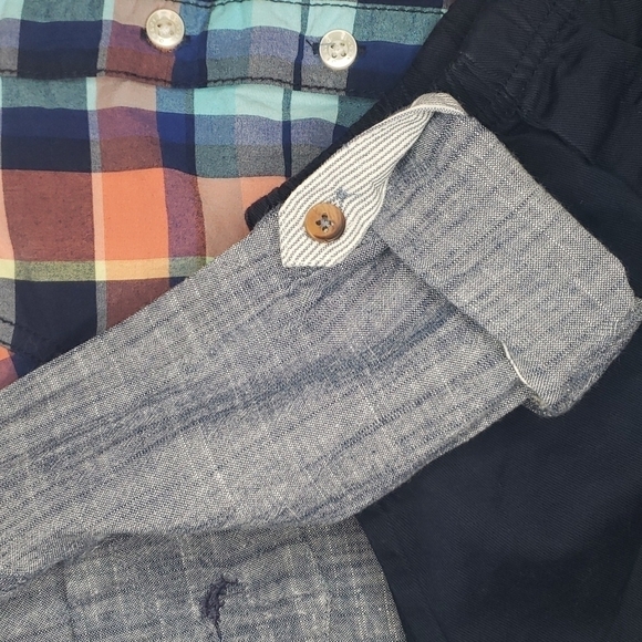 𝅺TOMMY BAHAMAS Denim Shirt + NWT OSHKOSH Plaid Bodysuit + Shorts + NWOT Sandals - Picture 5 of 6